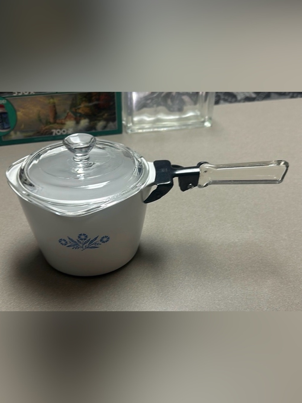 Pyrex Blue Coneflower sauce maker dish with lid and handle 1 quart. Never used.